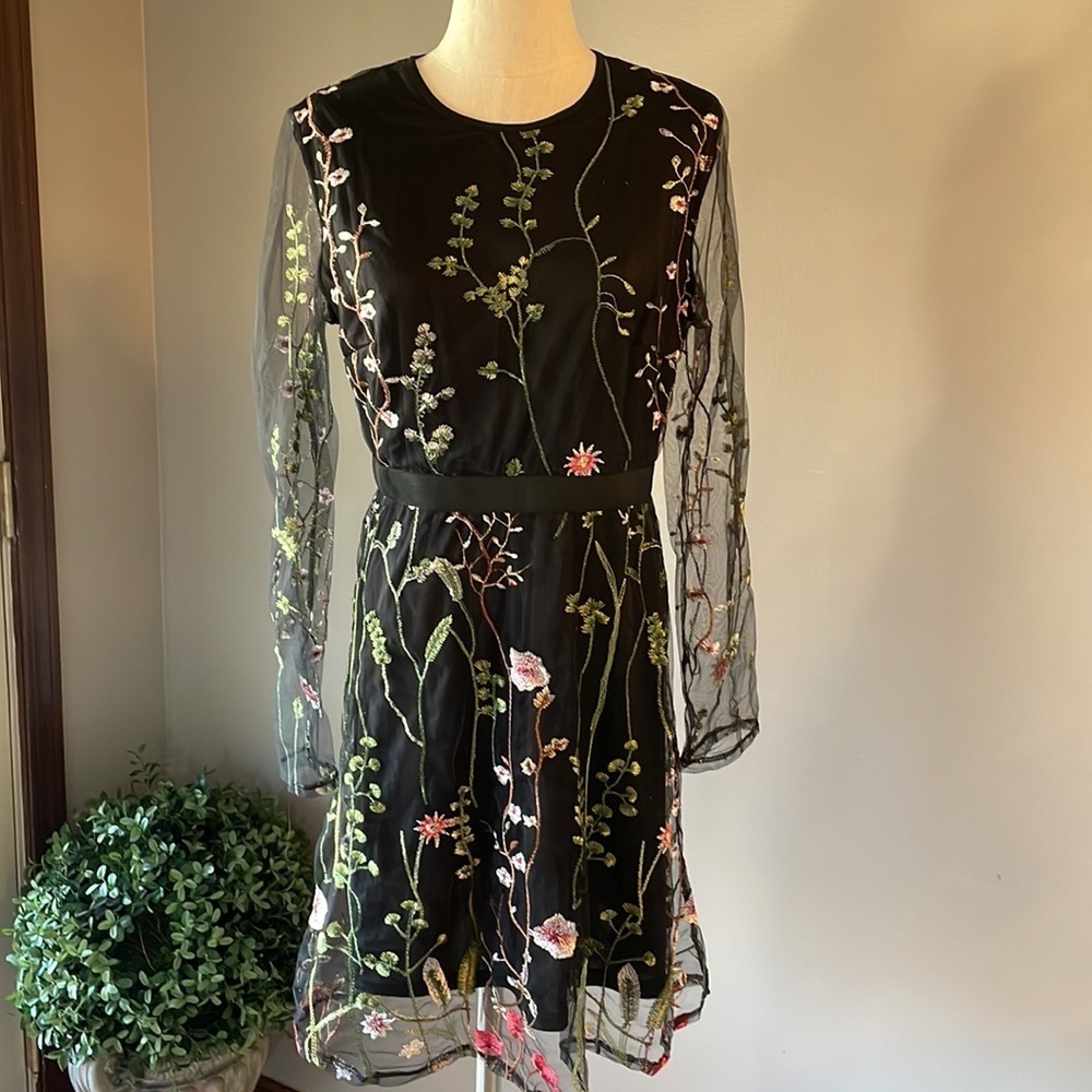 Floral garden sheer sleeve embroidered overlay dress party cocktail tulle like L - Picture 3 of 14
